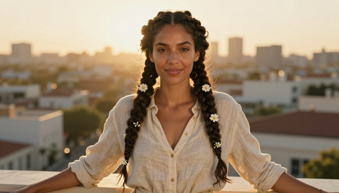 Confident woman of mixed heritage on rooftop at golden hour