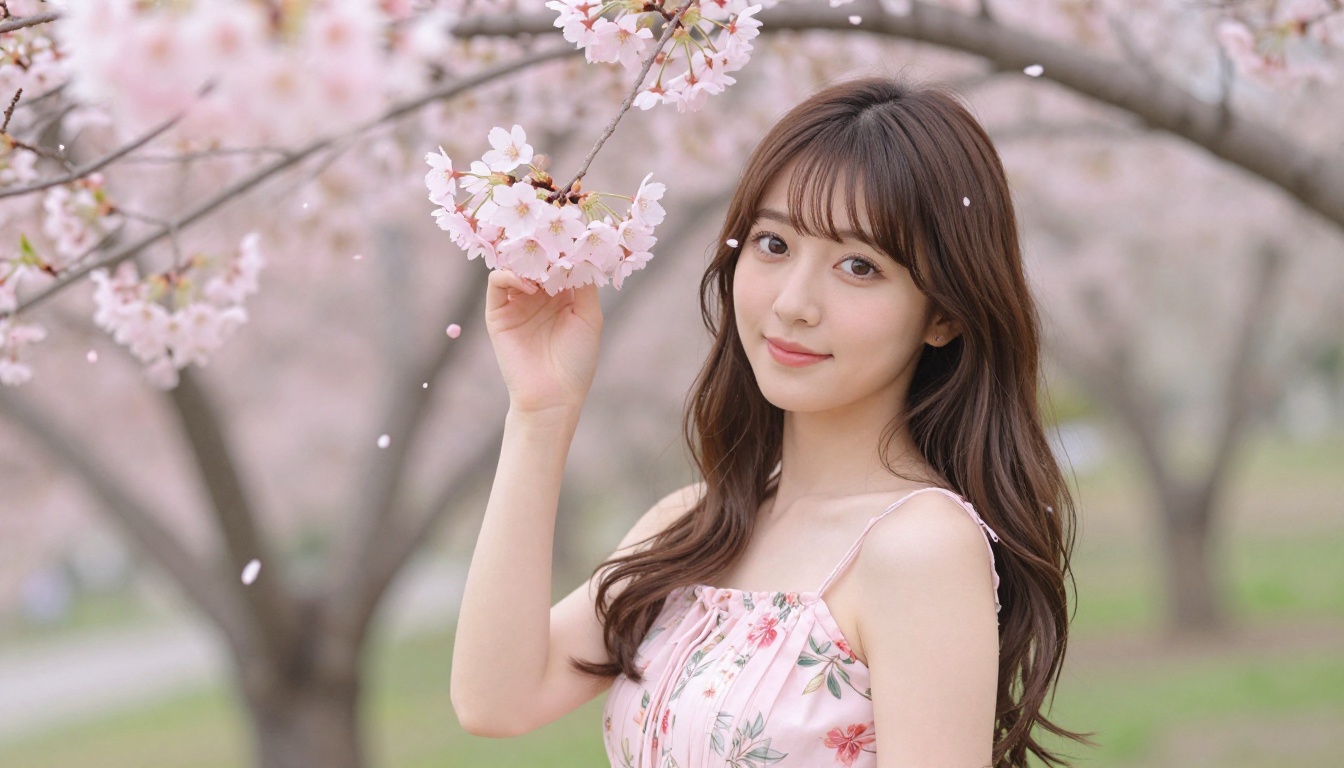 Japanese woman in a cherry blossom garden holding a sakura branch in a pastel pink floral dress