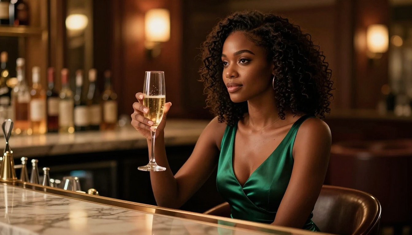 Sophisticated African American woman in an emerald silk dress at a luxury hotel bar holding champagne