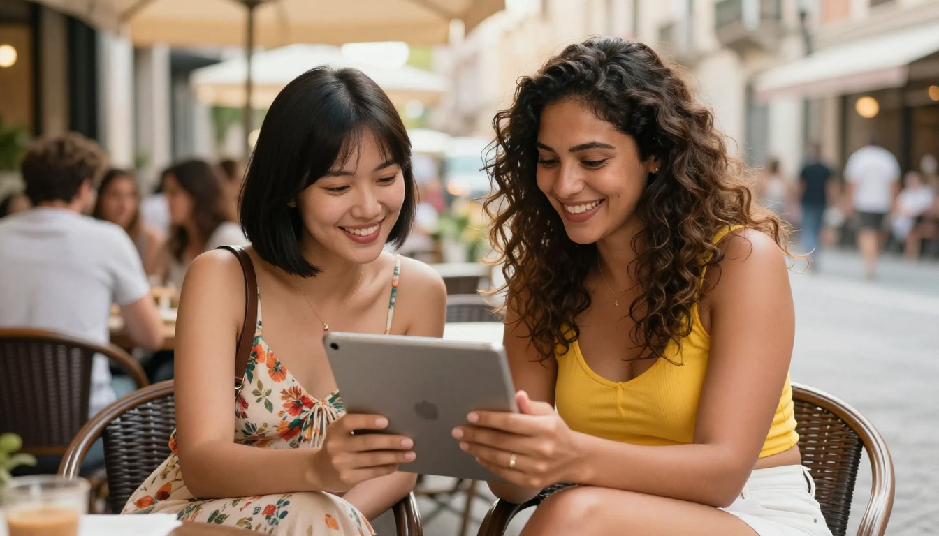 Two women at a sunny outdoor café laughing together while looking at a tablet, diverse and natural