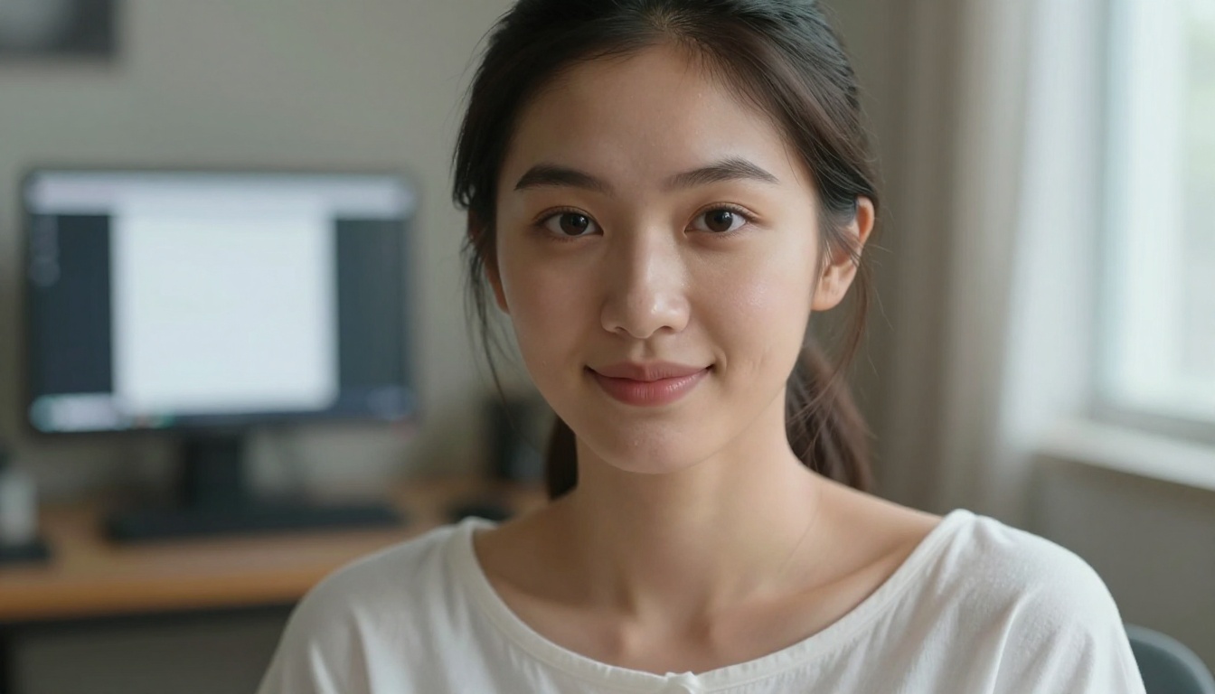 Beautiful young woman at a creative workspace, warm natural lighting, close-up portrait with natural skin texture