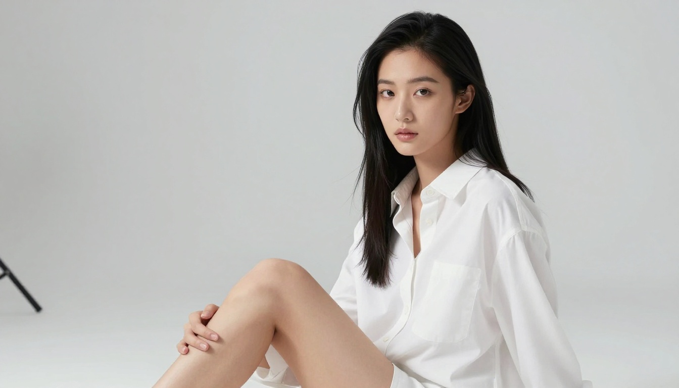 East Asian woman in minimalist white studio setting, direct eye contact, elegant natural skin texture