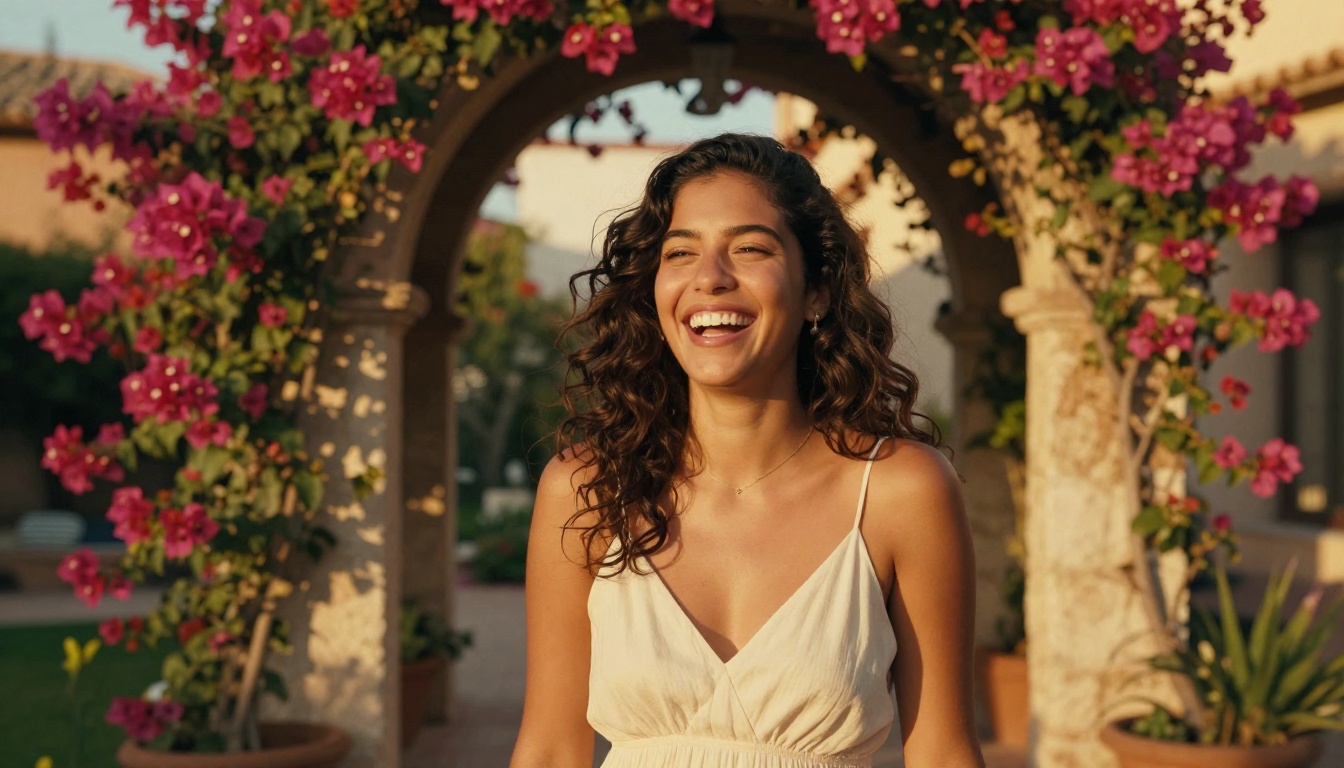 Beautiful Latina woman laughing outdoors in Mediterranean garden, golden hour sunlight, warm natural tones
