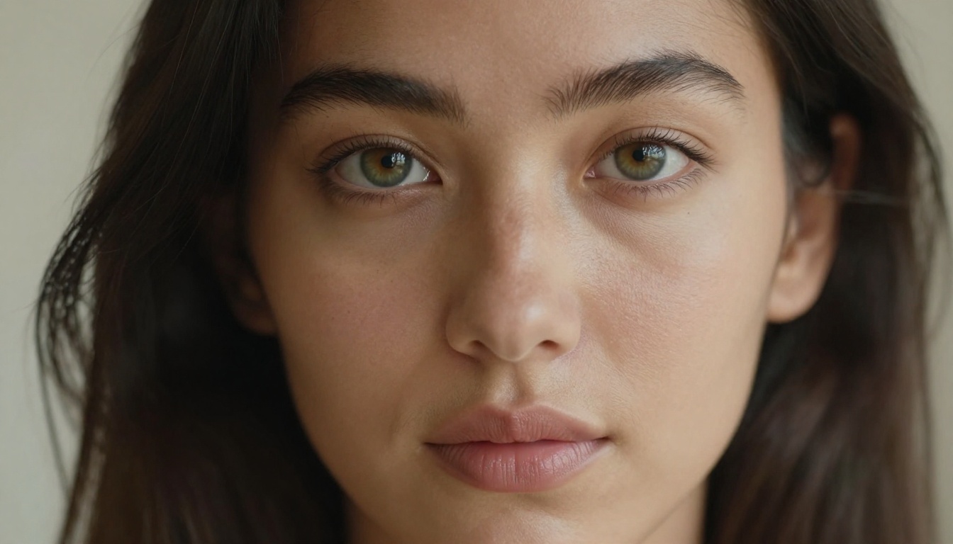 Striking close-up portrait with intense hazel-green eye contact, natural skin detail, creamy bokeh background