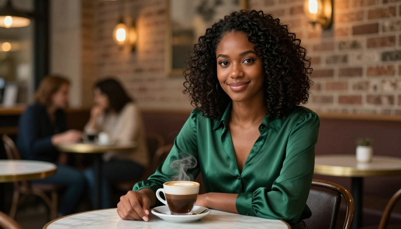 Beautiful African woman with natural hair at a warm upscale café, confident warm smile, Leica lifestyle portrait