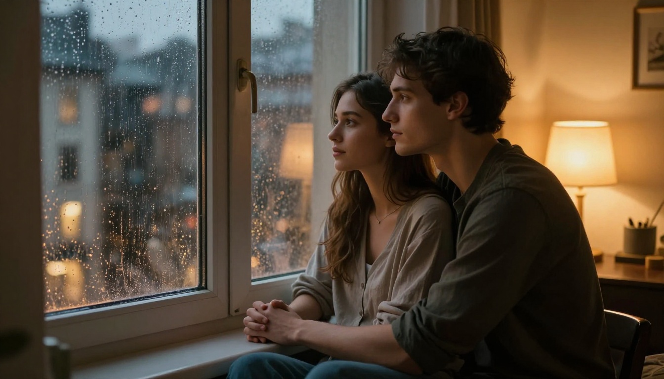 Romantic couple on a cozy window seat at dusk, intertwined hands, city lights in blurred background, warm amber lamp light