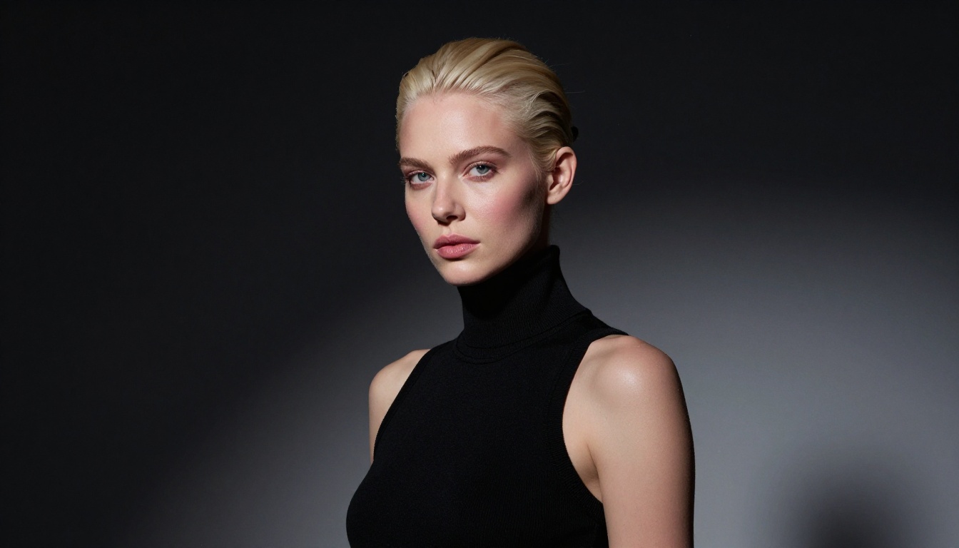 Platinum blonde Northern European woman, dramatic Hasselblad editorial studio portrait, moody directional side lighting