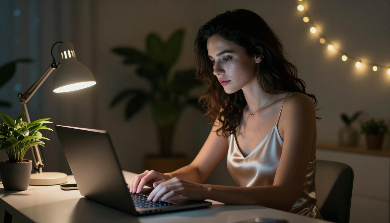 Beautiful woman typing on laptop at night, silk slip dress, soft screen glow, moody creative workspace