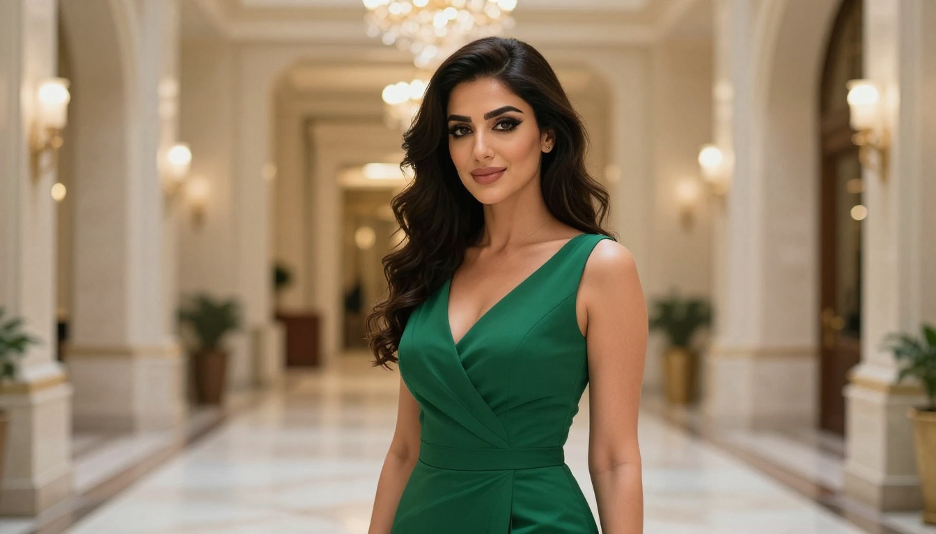 Elegant Middle Eastern woman in an emerald cocktail dress, grand hotel lobby with marble floors and chandeliers, poised and sophisticated