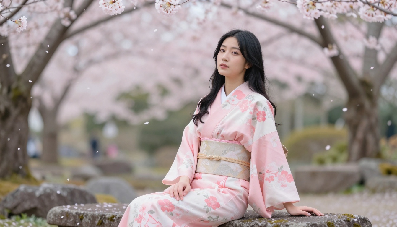 Beautiful Japanese woman in a kimono-inspired floral dress, traditional cherry blossom garden, soft spring light, pink sakura petals drifting