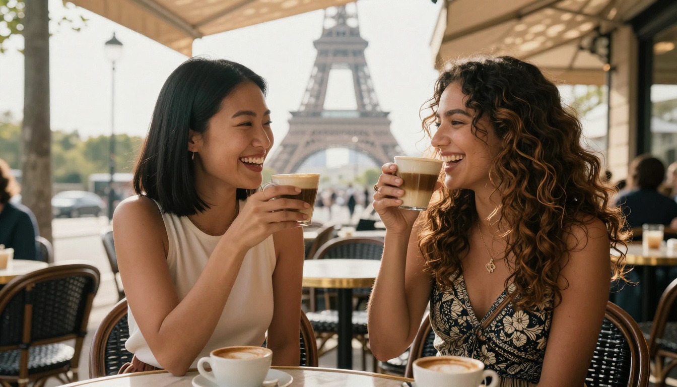 Two beautiful women of different ethnicities laughing together at a Paris outdoor cafe, Eiffel Tower in the background, candid joy