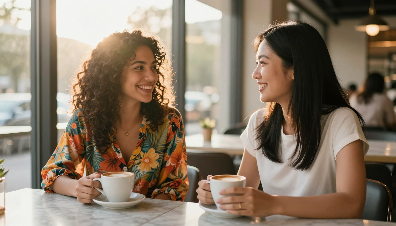 Two beautiful women laughing warmly together at a marble cafe table in golden afternoon sunlight