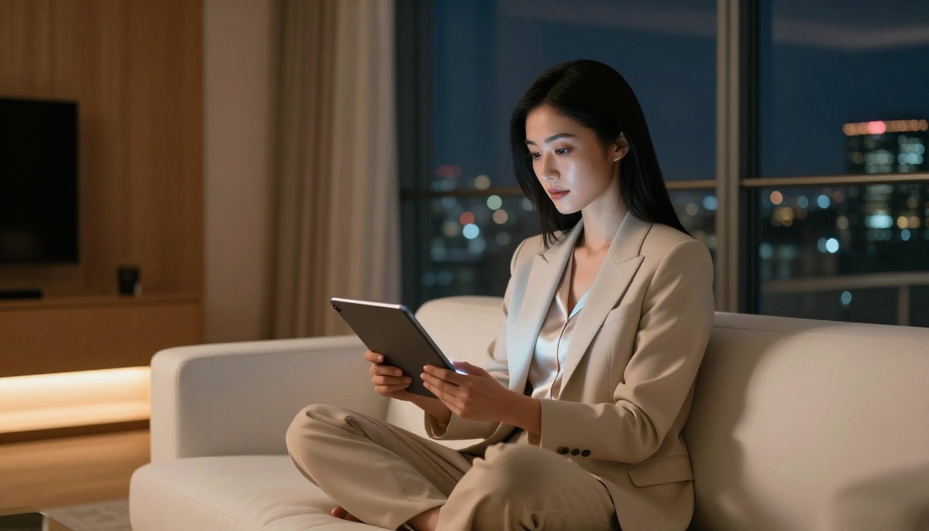 AI companion woman reviewing content on tablet