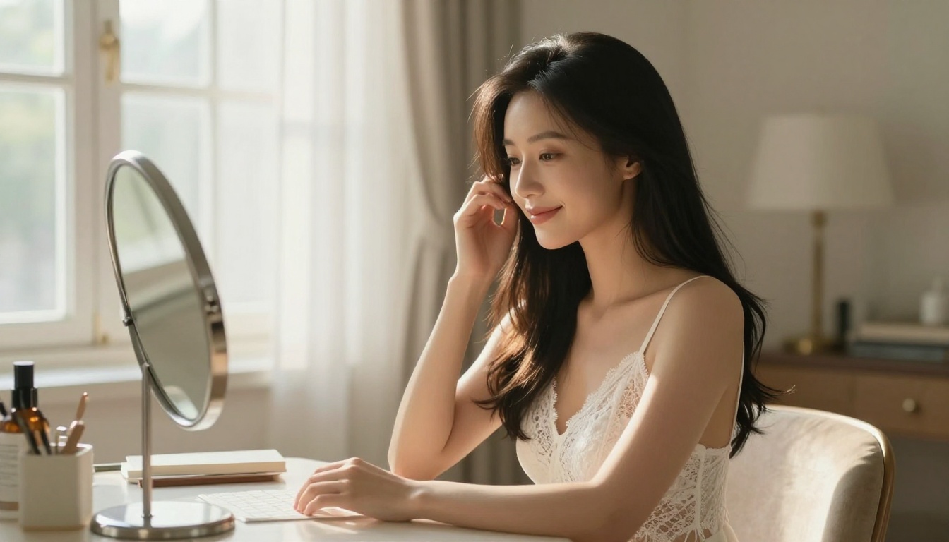 A beautiful East Asian woman at an elegant vanity mirror adjusting her hair in warm Rembrandt morning light