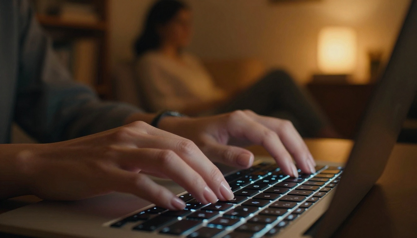 Elegant feminine hands typing on a sleek illuminated laptop keyboard in a moody, warmly lit apartment at night with soft bokeh in the background