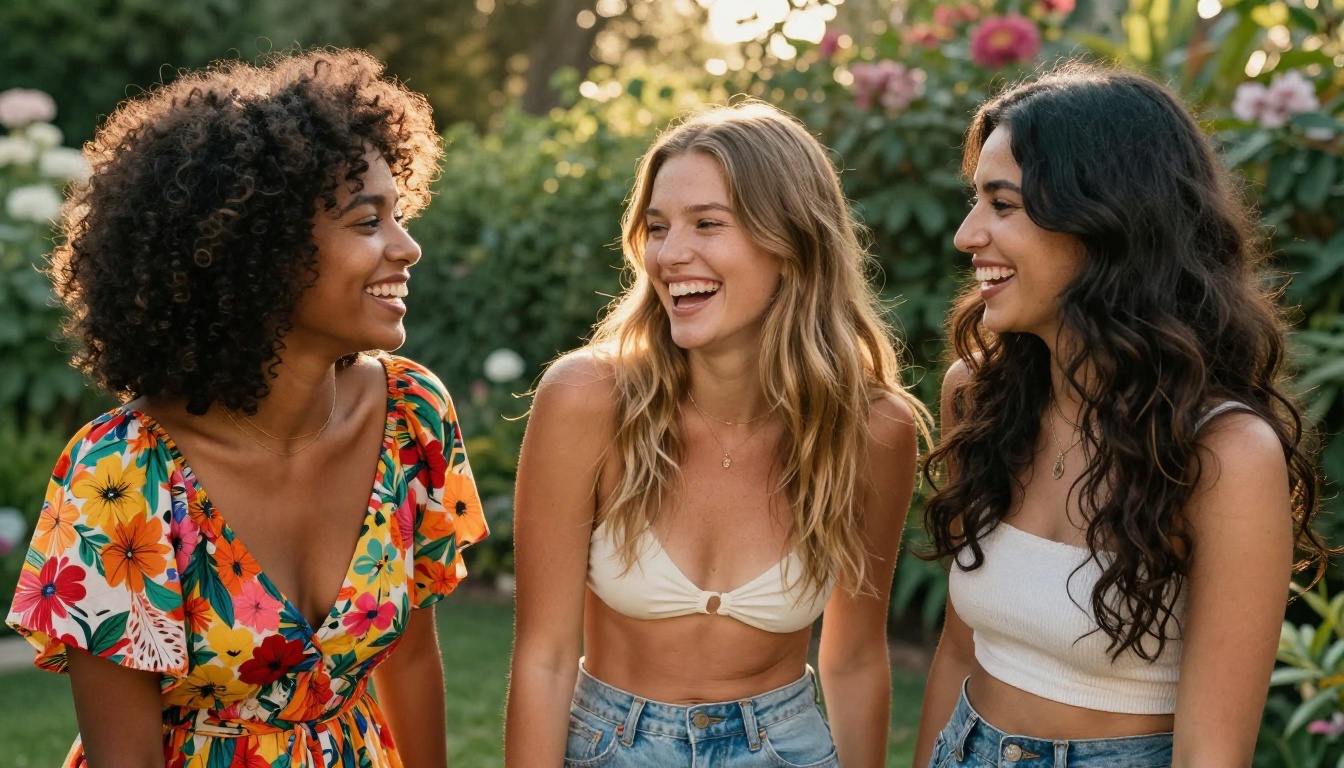 Three beautiful and diverse women laughing together in a sunlit outdoor garden, warm golden light and floral bokeh background