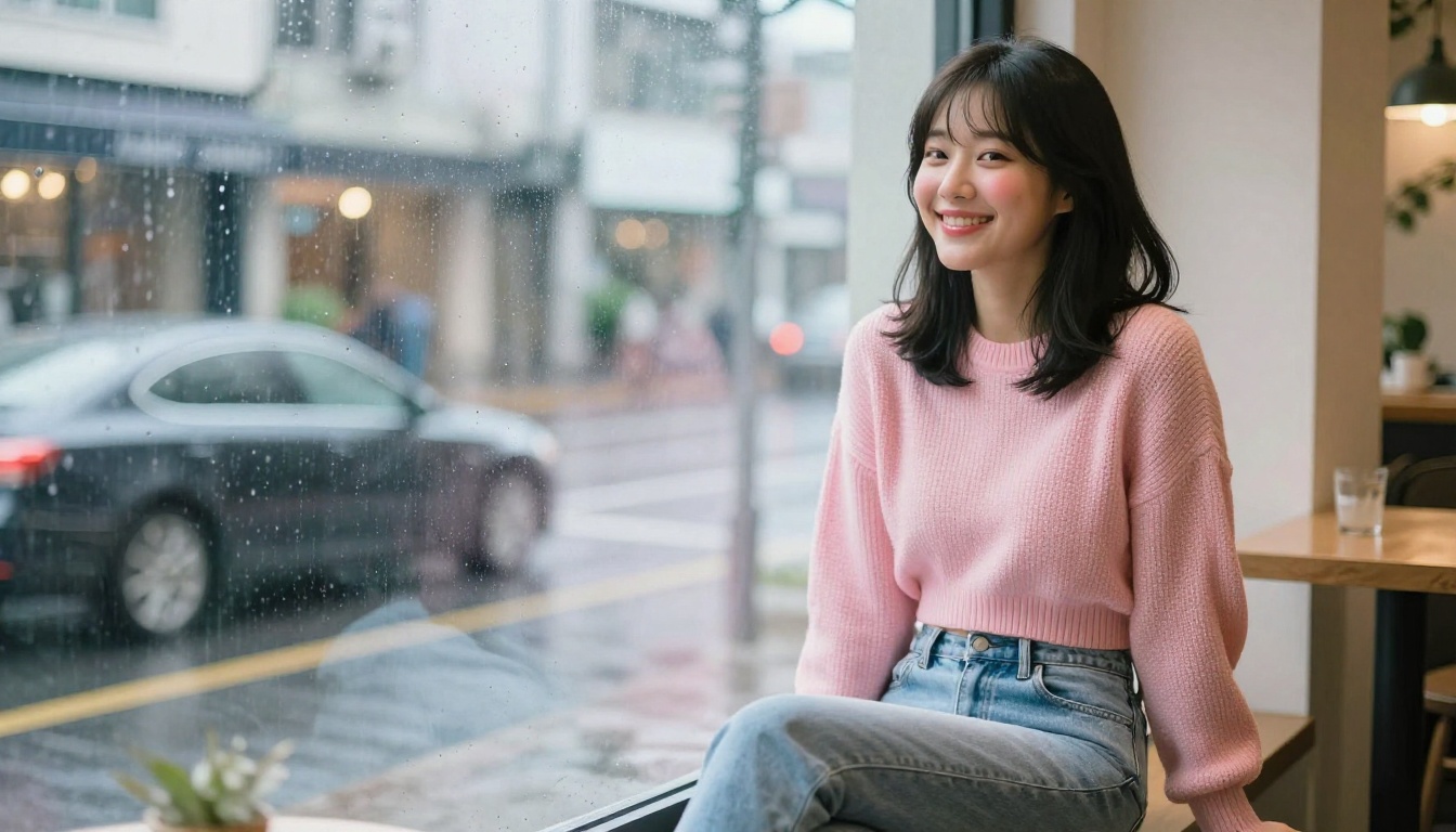 Playful woman in cozy cafe window