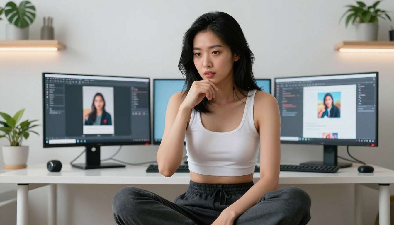 AI tools comparison scene showing woman at computer with AI-generated artwork on dual monitors