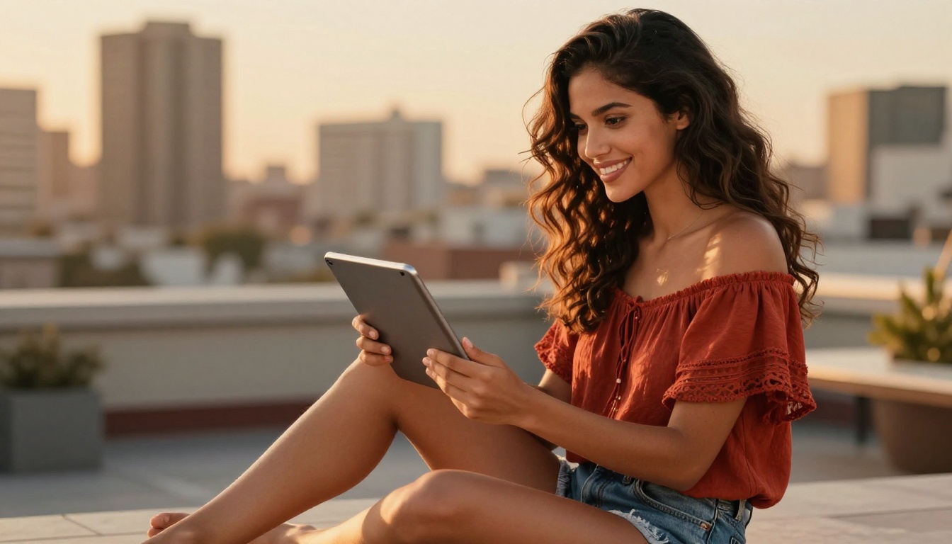 Latina woman sitting on rooftop at golden hour browsing AI art on tablet with city skyline behind her