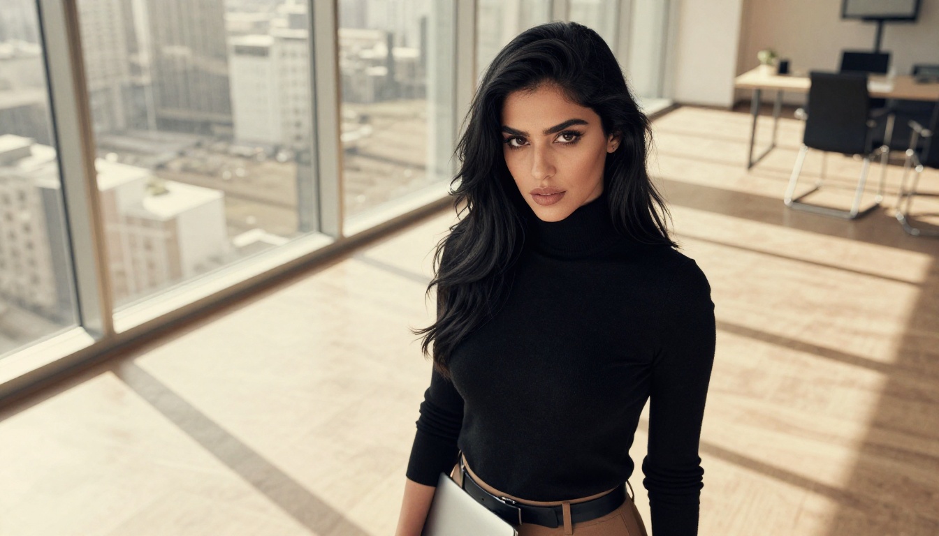 Middle Eastern woman with dark glossy hair standing confidently in a modern co-working space with city views