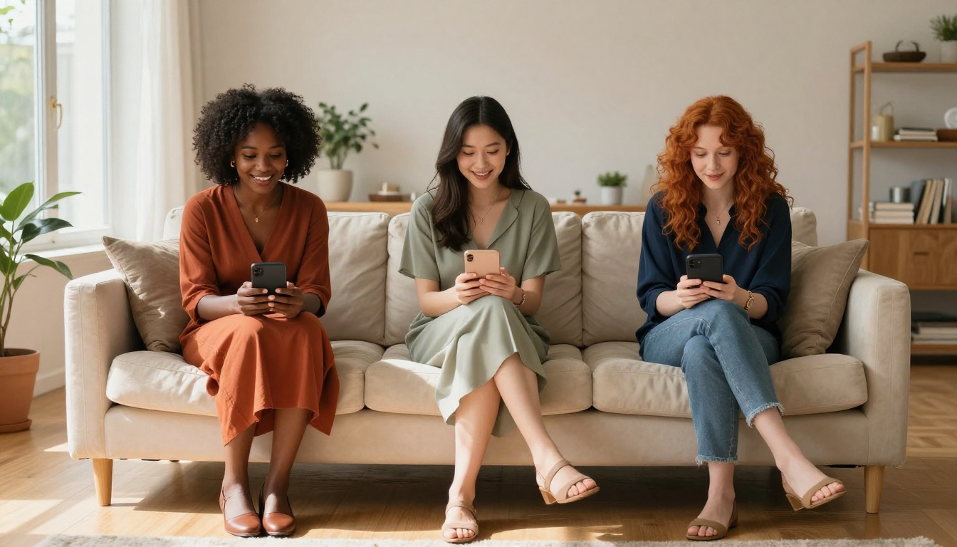 Diverse group of three women on ivory sectional sofa each enjoying their own AI companion on separate devices