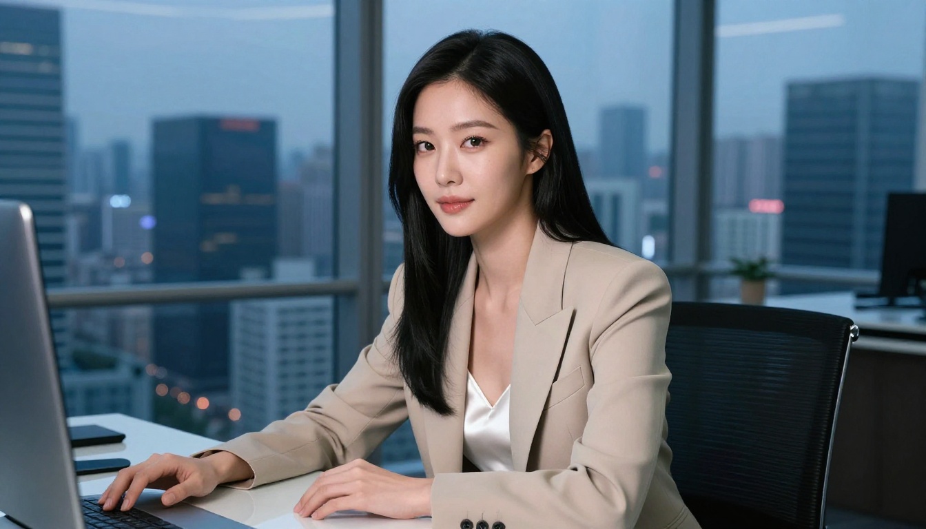 South Korean woman in beige blazer leaning forward at glass desk with city panorama at night behind her
