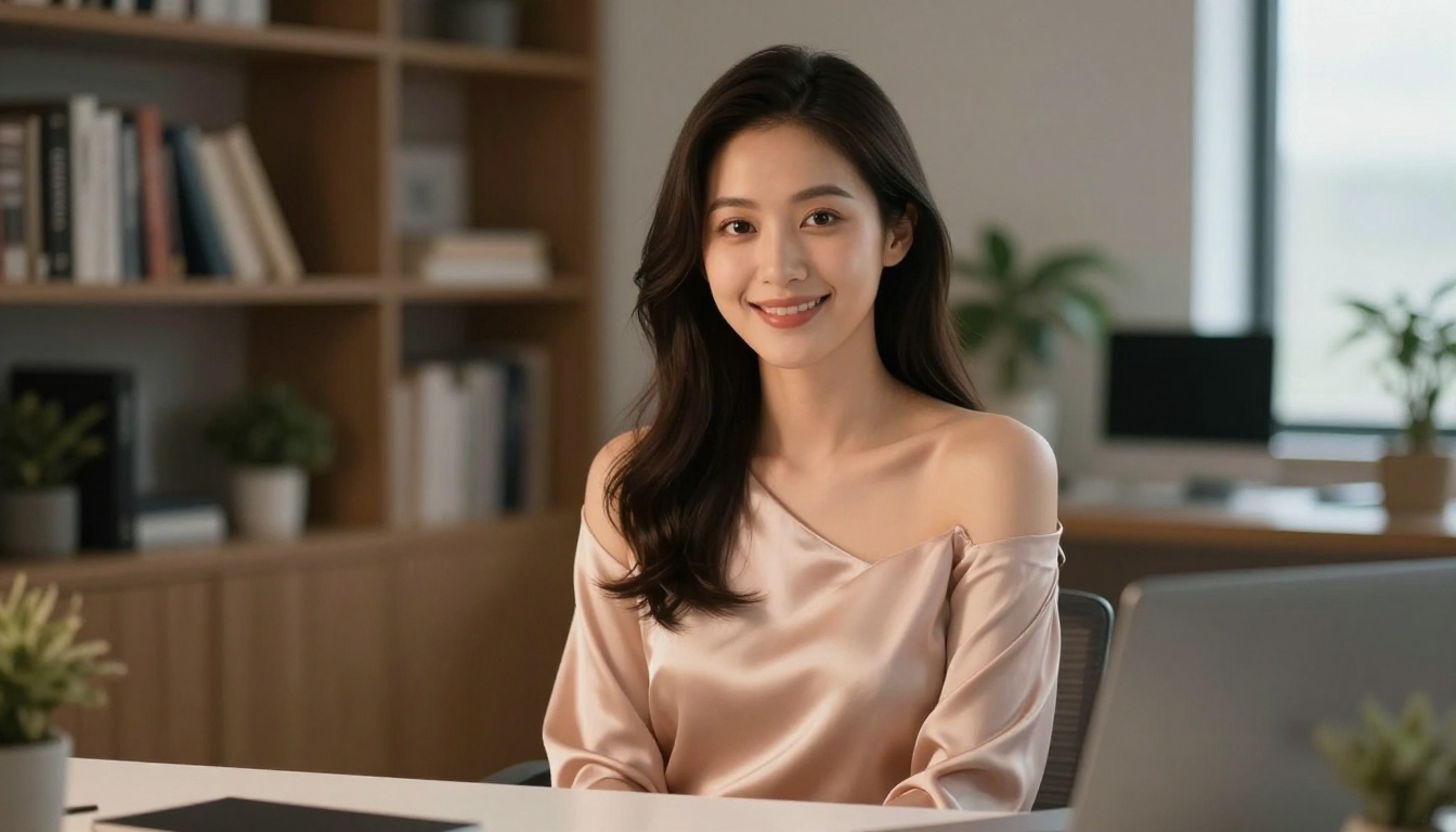 Beautiful AI companion at an elegant desk, warm screen glow