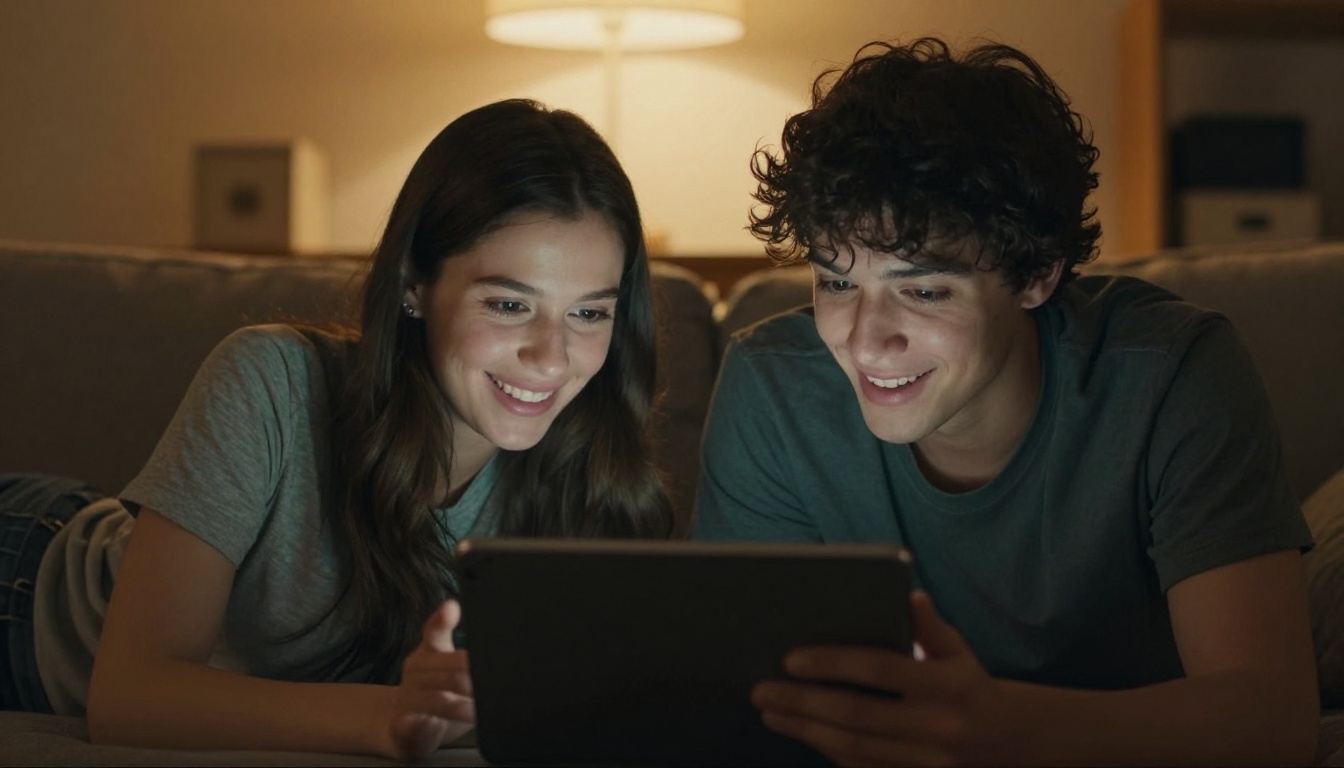 Two people sharing content together on a cozy evening