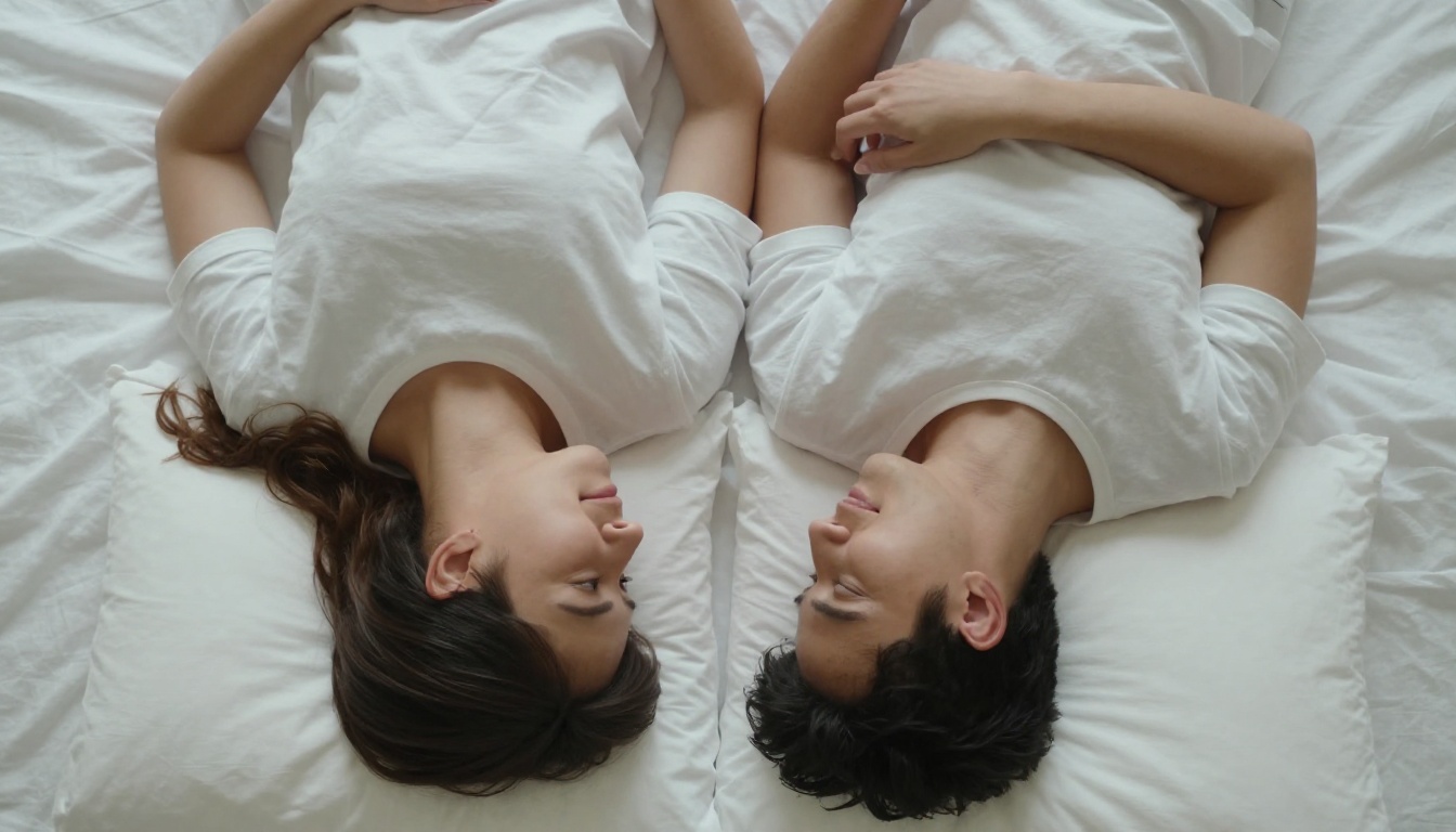Couple lying together in intimate overhead composition