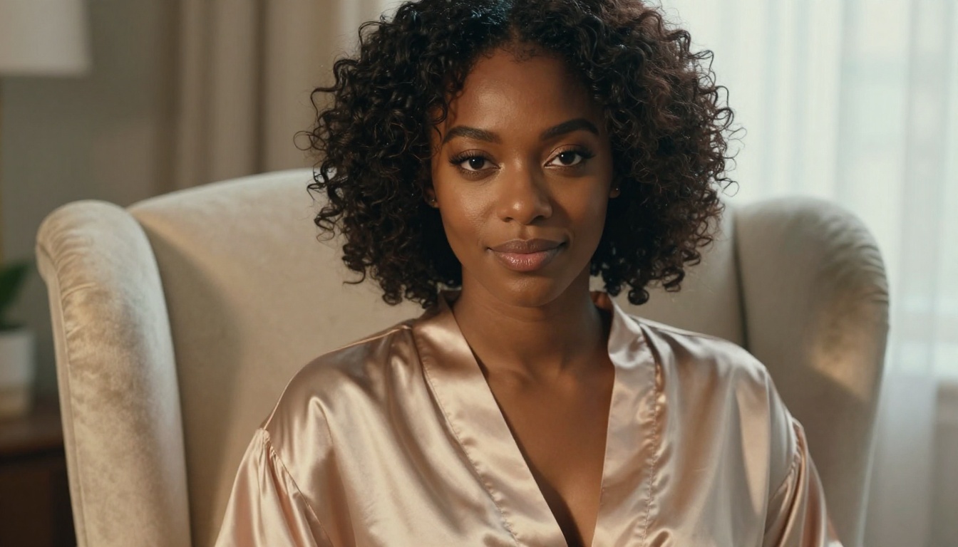 Close-up portrait of AI companion with natural window light, champagne robe