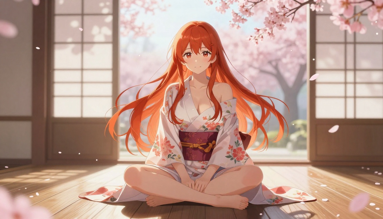 Beautiful anime woman sitting among cherry blossom petals in silk kimono