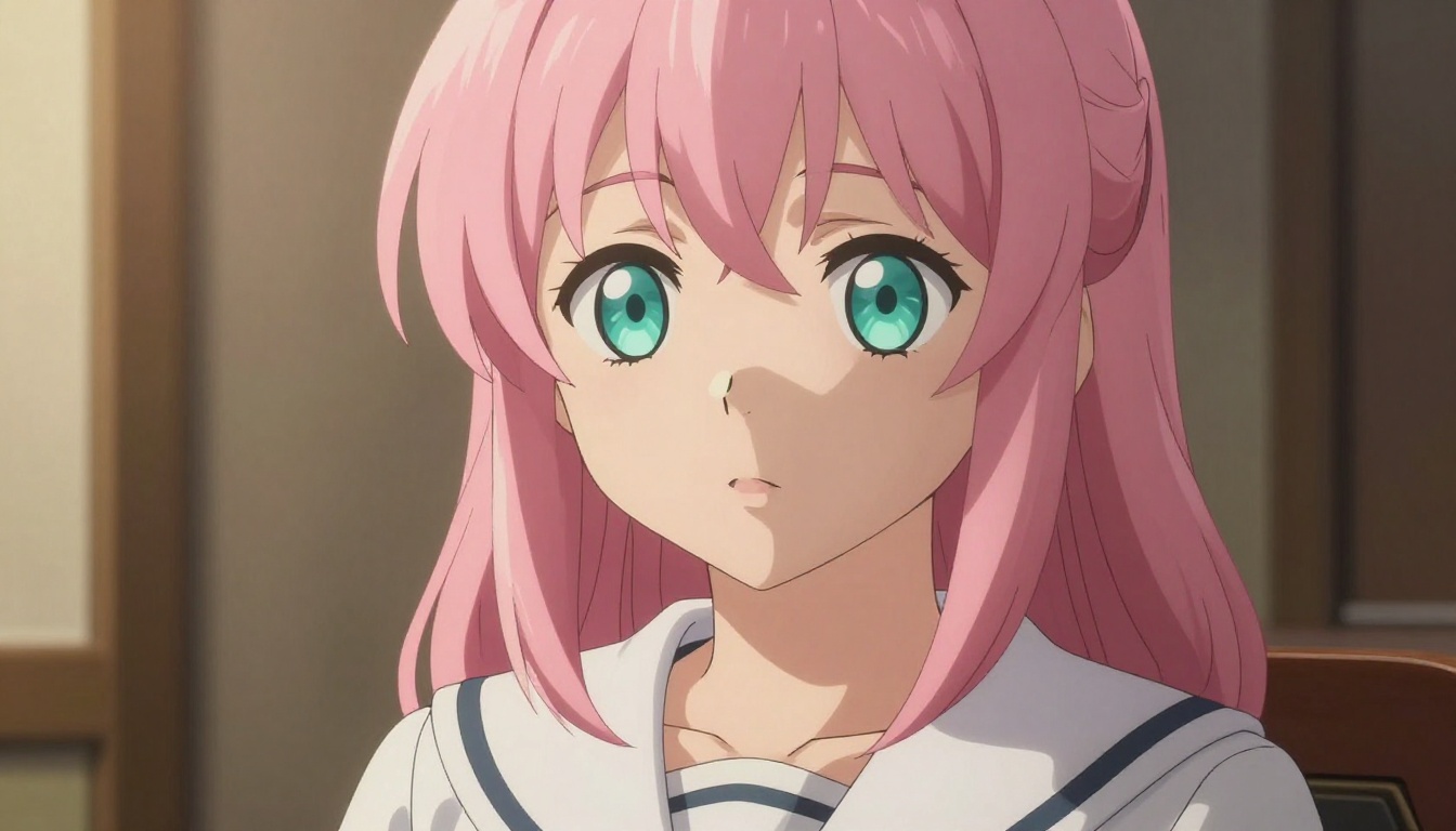 Close-up portrait of anime woman with pastel pink twin-tails and teal eyes