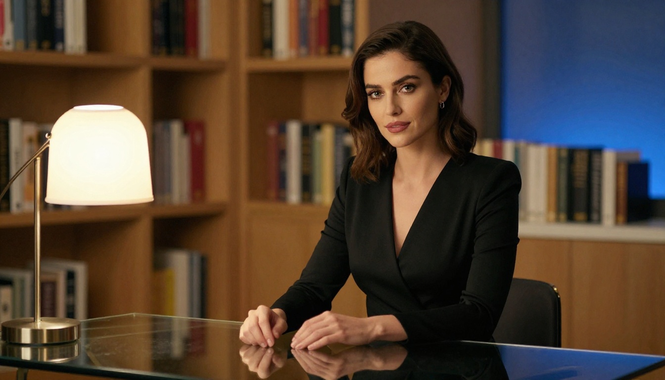 Confident professional woman at a glass desk in a private study