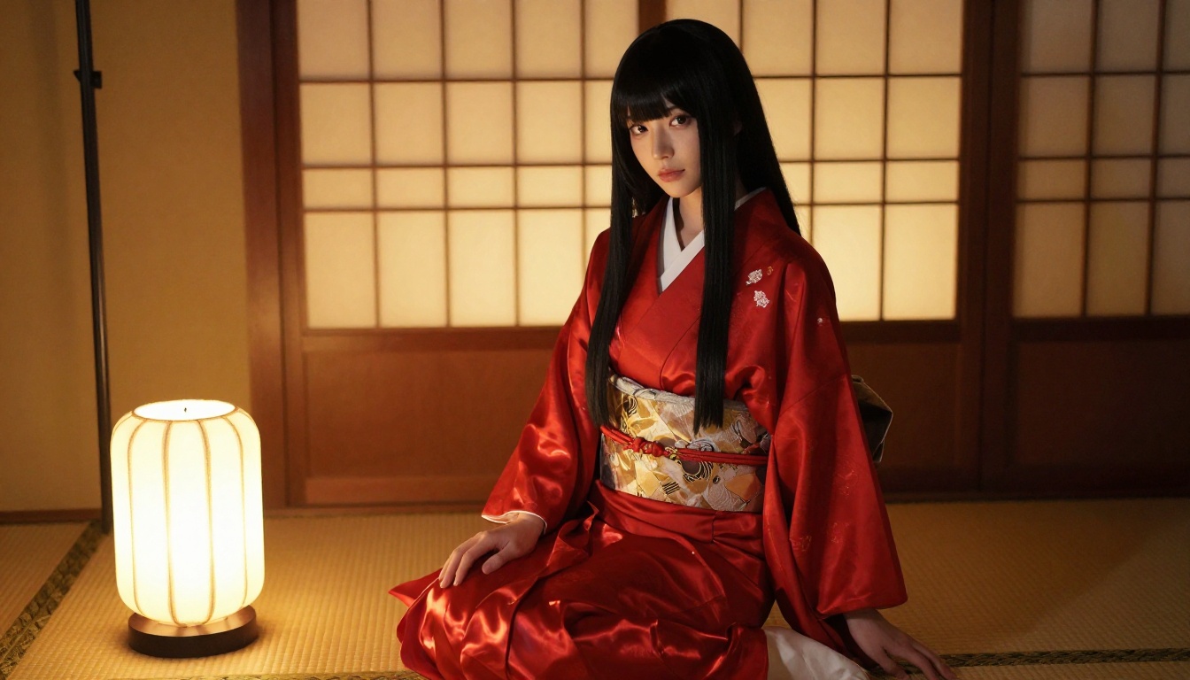 Anime woman in red silk kimono on traditional Japanese tatami mat