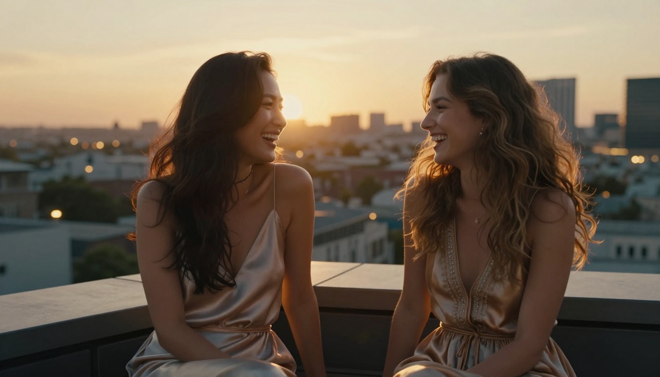 Two AI companions sharing a candid moment on a luxury rooftop at golden hour