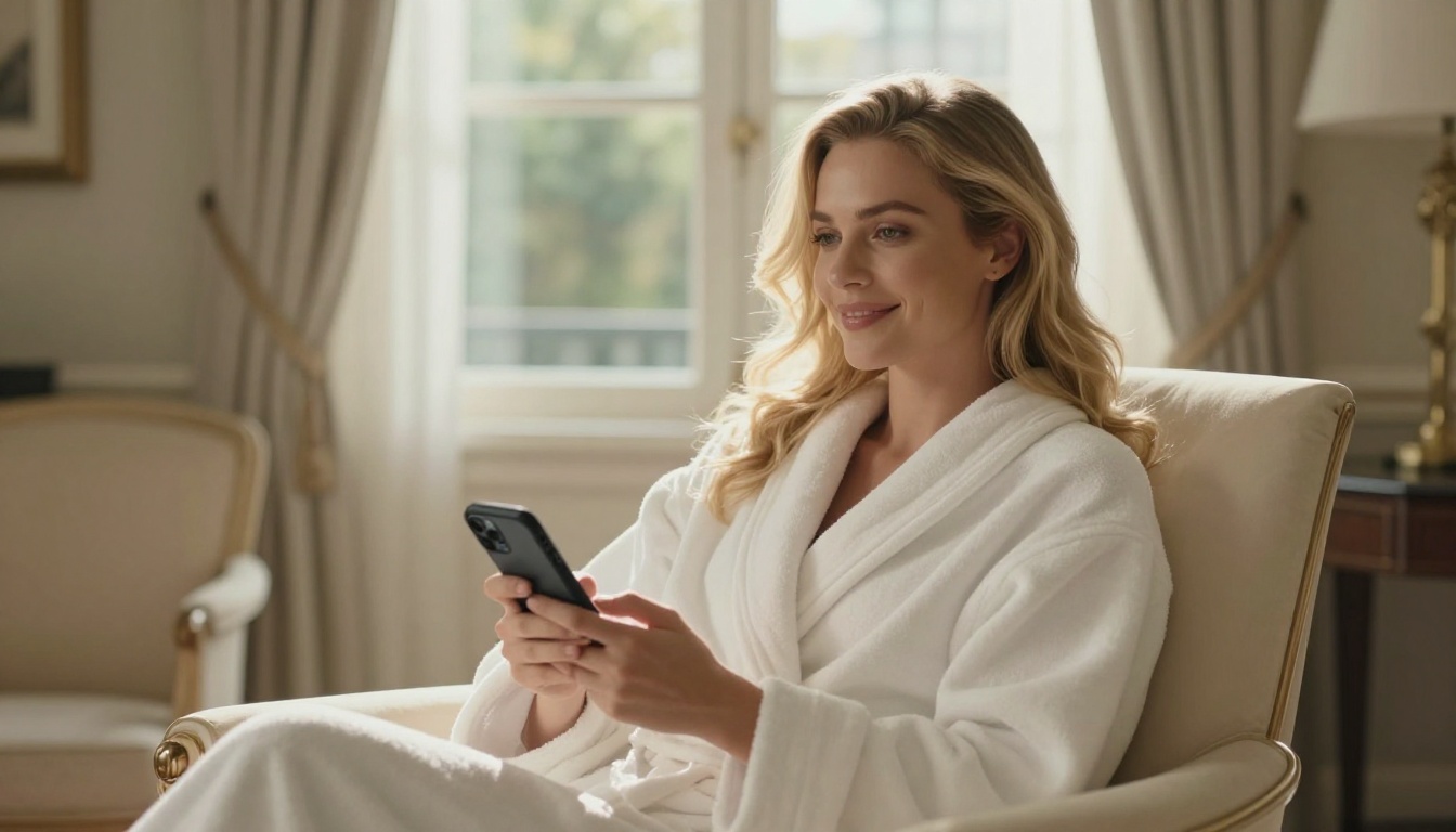 Confident woman using smartphone in a luxury setting