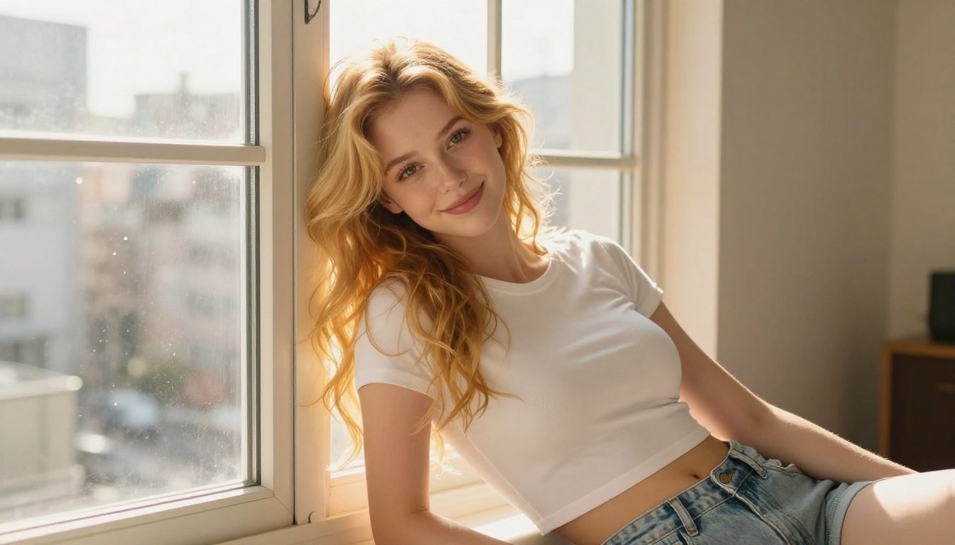 Anime woman leaning against sunlit window in Tokyo apartment