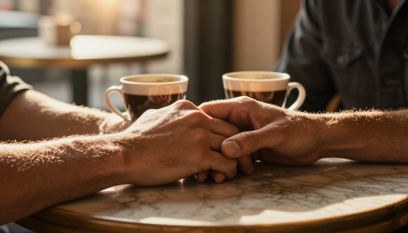 Couple's intertwined hands at a café, warm intimate moment