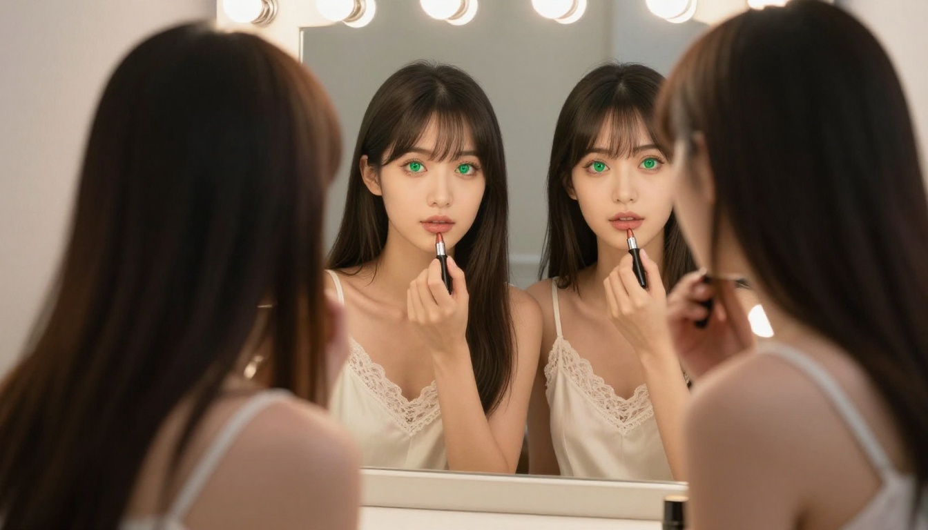 Anime woman applying lipstick at vintage vanity mirror