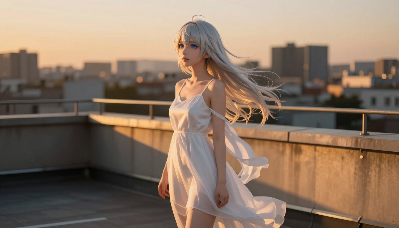 Anime woman with silver hair on sunset rooftop in flowing white dress
