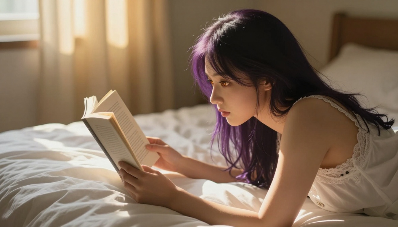 Anime woman with purple hair reading on soft white bedding in afternoon light