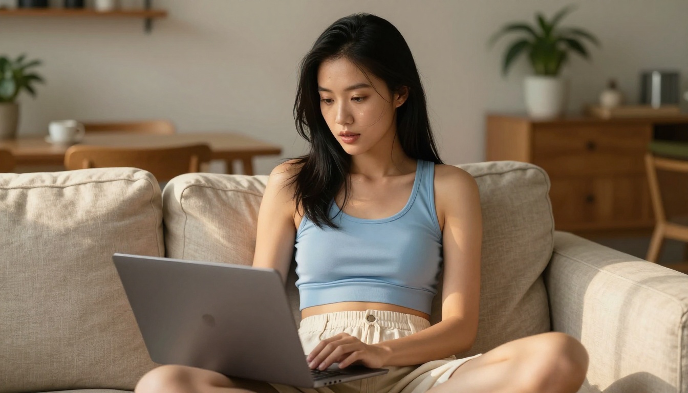 Woman browsing AI image generators on a laptop in a modern apartment with warm afternoon light