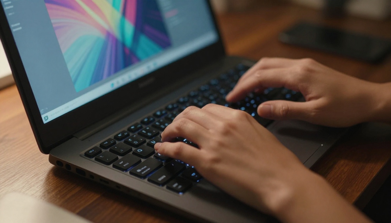 Close-up of feminine hands typing on a mechanical keyboard with screen glow reflecting on skin