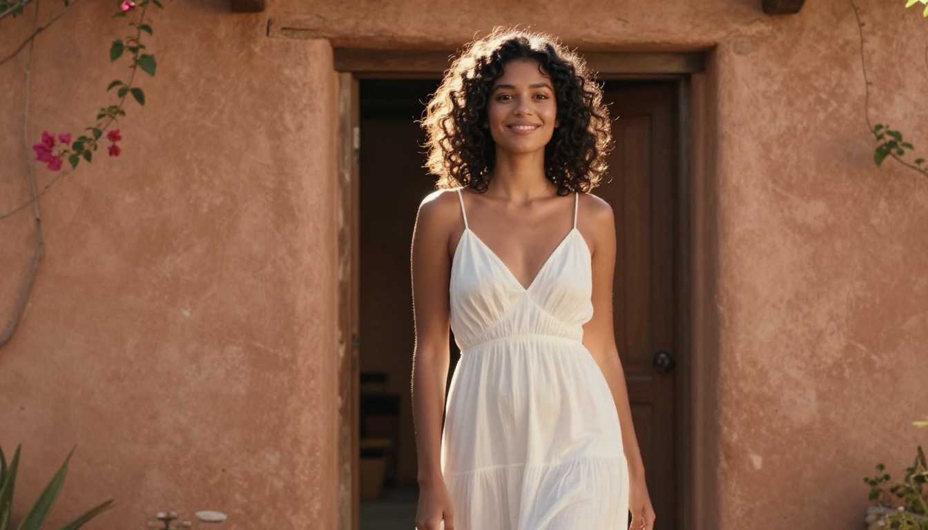 Radiant young Latina woman in flowing white sundress standing in sunlit villa doorway at golden hour