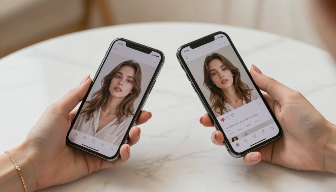 Two sleek smartphones held side by side showing AI companion app interfaces on marble surface