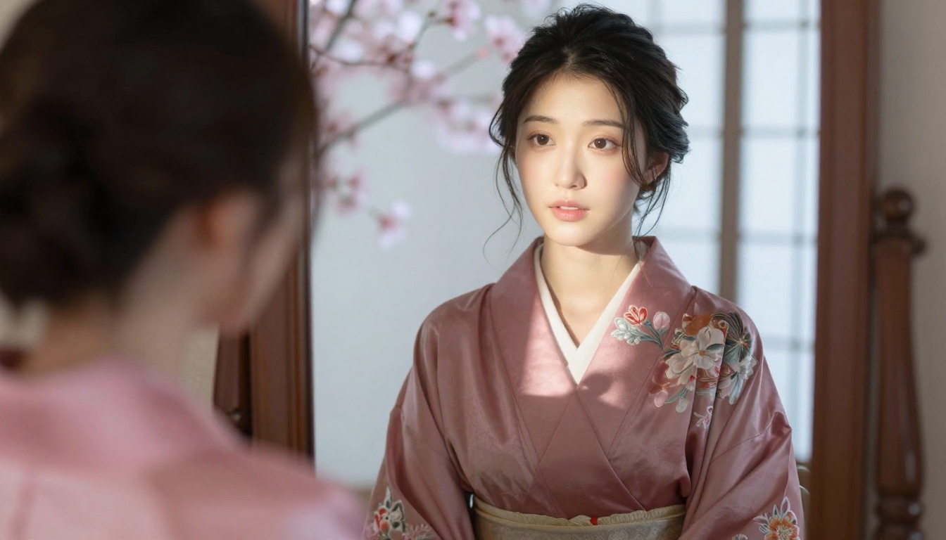 Graceful Japanese woman in cherry blossom pink kimono robe at ornate vanity mirror in soft morning light