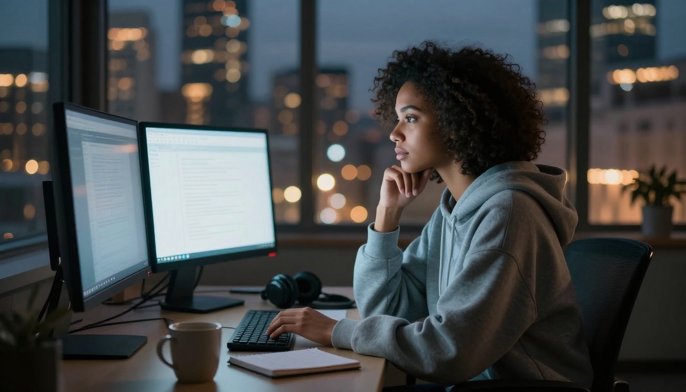 Young woman of mixed heritage at creative workspace desk with city lights bokeh glowing through windows at dusk