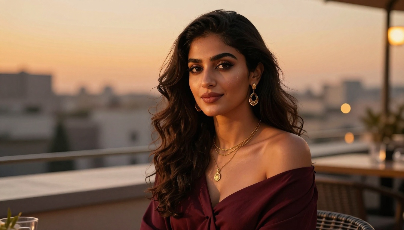 Confident Middle Eastern woman with dark kohl-lined eyes in burgundy off-shoulder top at rooftop cafe at golden sunset