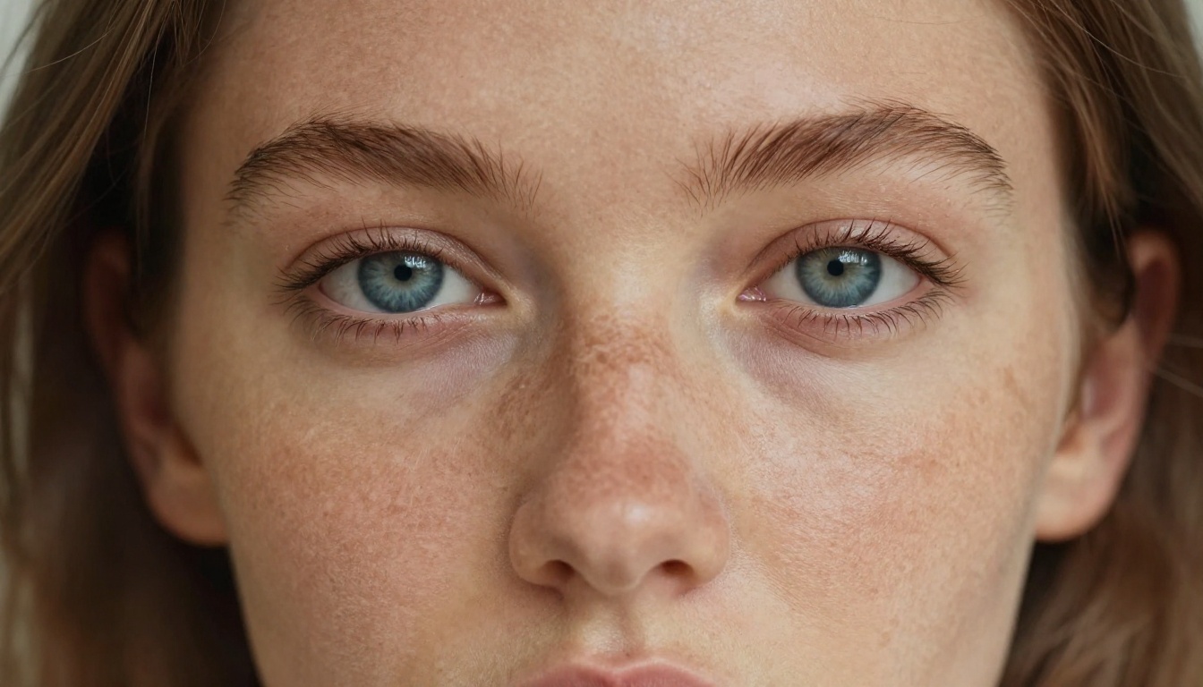 Extreme close-up portrait of young freckled woman with crystal blue eyes in intimate natural Rembrandt light