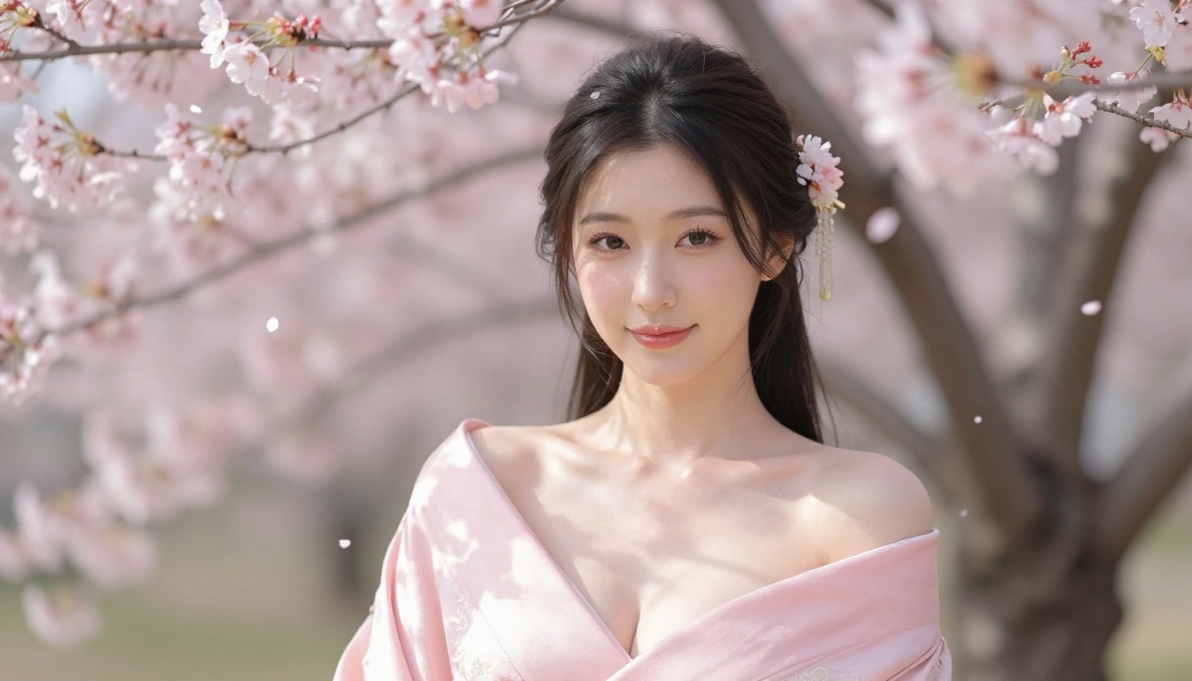 Japanese woman in cherry blossom garden, pink kimono, soft natural daylight
